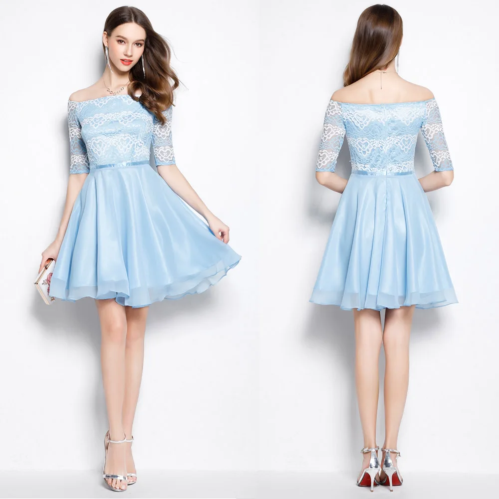 B0017 New light blue lace chiffon short mini prom ball party formal gown belt off shoulder women dresses A-Line
B0017 New light blue lace chiffon short mini prom ball party formal gown belt off shoulder women dresses A-Line