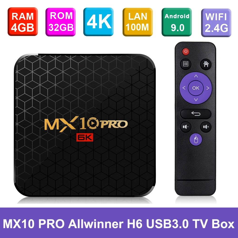 ТВ приставка MX10 PRO на Android 9 0 4 Гб + 32 ГБ/64 ГБ 2 ГГц Wi Fi Allwinner H6 UHD 6K USB3.0 H.265 VP9
