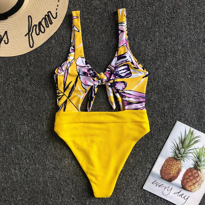 ZisioN 2019 Print One Piece Swimsuit Women Swimwear Female Yellow Bathing Suits Swimming Sexy Swim Wear Bow Monokini | Спорт и