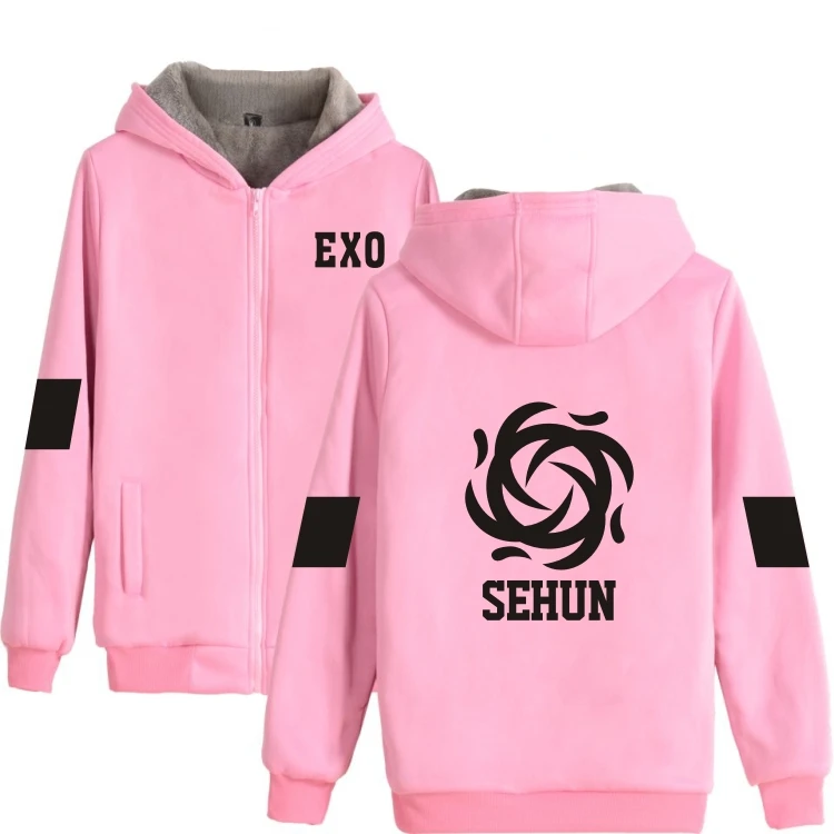 Kpop EXO логотип члена розовый серый зимние теплые толстые хлопковые толстовки для