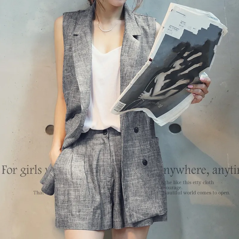2018 Spring New Office Lady Linen V-Neck Gray Suit Sleeveless Jacket Top + Loose Shorts Woman Suit Woman 2 Piece Set Hot
2018 Spring New Office Lady Linen V-Neck Gray Suit Sleeveless Jacket Top + Loose Shorts Woman Suit Woman 2 Piece Set Hot