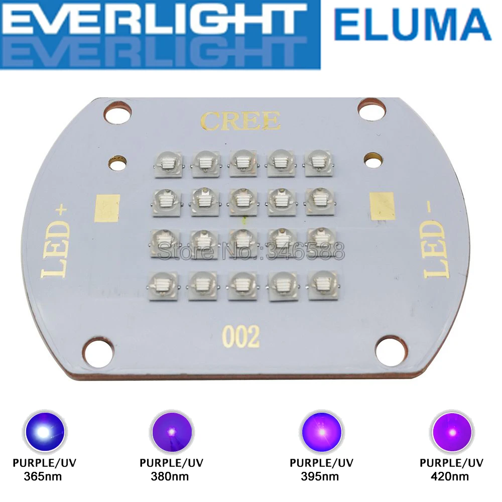 60W 20-Chip Multi-Chip Intergrated High Power Purple UV LED Emitter Lamp Light Everlight 365nm 380nm 395nm 420nm on Copper PCB
60W 20-Chip Multi-Chip Intergrated High Power Purple UV LED Emitter Lamp Light Everlight 365nm 380nm 395nm 420nm on Copper PCB