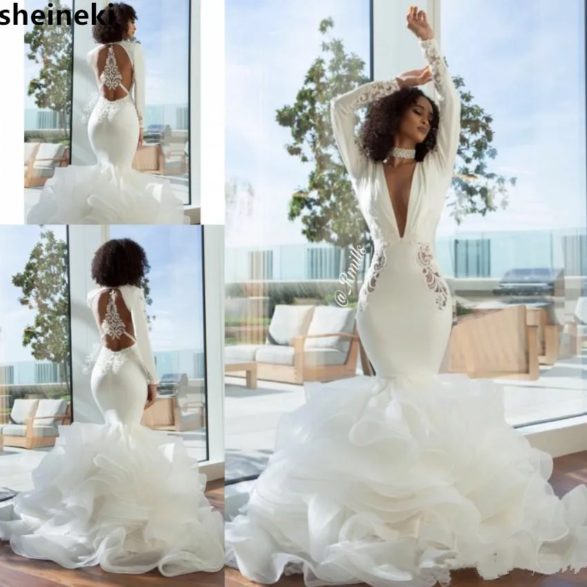 Elegant White Sexy Deep V Neck Mermaid Prom Dresses Long Sleeves Tiered Organza Open Back Dresses Evening Wear Formal Gowns
Elegant White Sexy Deep V Neck Mermaid Prom Dresses Long Sleeves Tiered Organza Open Back Dresses Evening Wear Formal Gowns