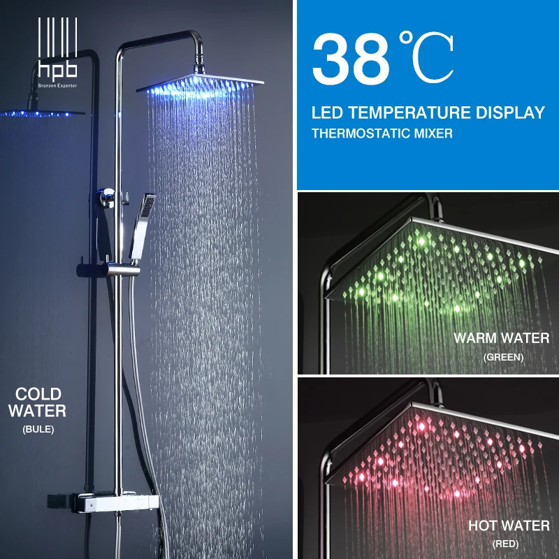 

HPB Brass Chrome Bathroom LED Thermostatic Shower Faucet Set With 10 inch Square Shower Head Bath Shower Mixer Tap HP8802