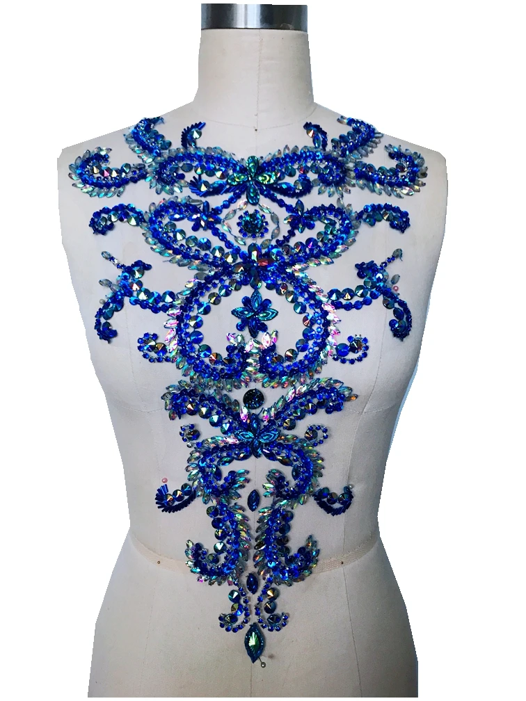 Pure hand made dazzling sew on Rhinestones applique blue/clear AB colour crystals patches 46*30cm DIY dress accessory
Pure hand made dazzling sew on Rhinestones applique blue/clear AB colour crystals patches 46*30cm DIY dress accessory