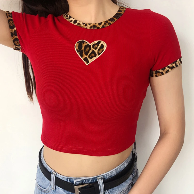 Женская летняя футболка с круглым вырезом коротким рукавом и леопардовым