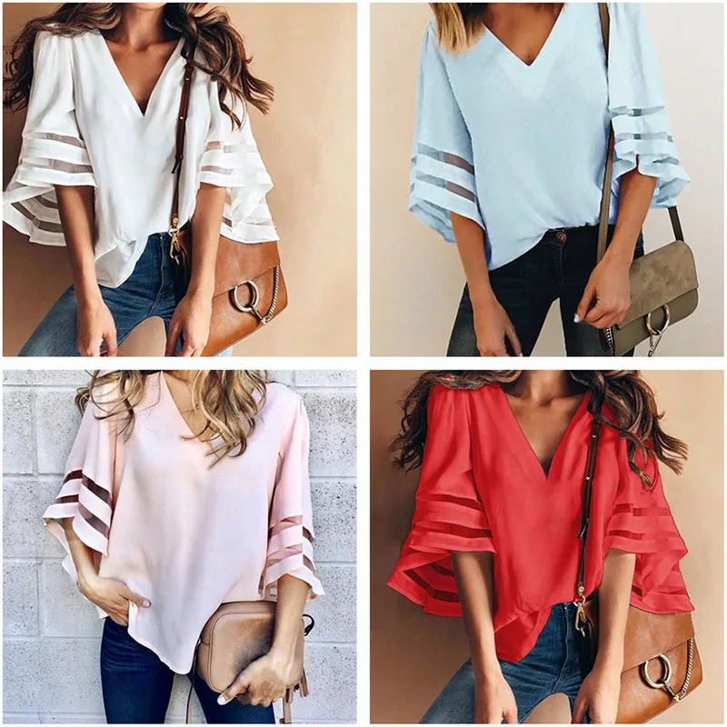 Women Shirts Loose Mesh Stitching V-Neck Trumpet Sleeves Solid Color Shirt Chiffon Blouse
Women Shirts Loose Mesh Stitching V-Neck Trumpet Sleeves Solid Color Shirt Chiffon Blouse