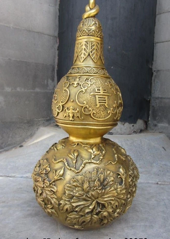 

12 Chinese Royal Brass Copper Feng Shui Auspicious Wealth Gourd cucurbit Statue