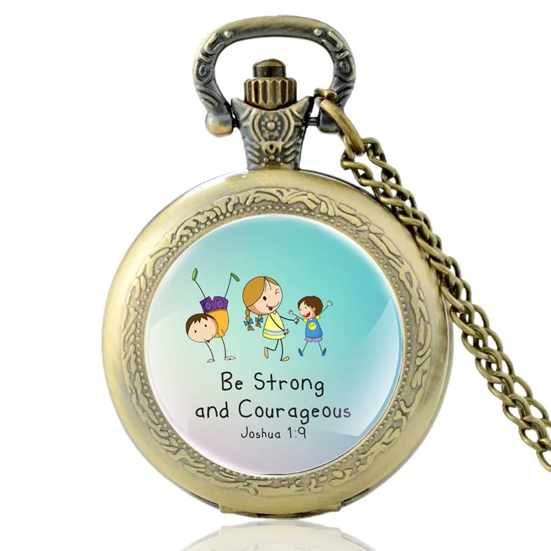 Vintage Bronze Be Strong And Courageous Bible Verses Quartz Pocket Watch Retro Men Women Pendant Necklace Christian Faith Gifts
Vintage Bronze Be Strong And Courageous Bible Verses Quartz Pocket Watch Retro Men Women Pendant Necklace Christian Faith Gifts