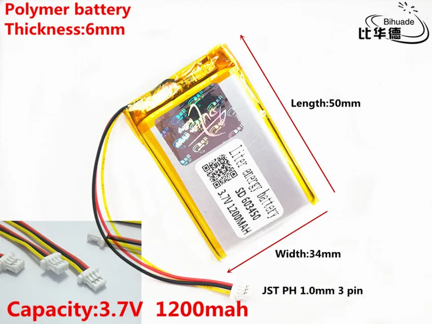 JST PH 1.0mm 3 pin Good Qulity 3.7V,1200mAH 603450 Polymer lithium ion / Li-ion battery for tablet pc BANK,GPS,mp3,mp4
JST PH 1.0mm 3 pin Good Qulity 3.7V,1200mAH 603450 Polymer lithium ion / Li-ion battery for tablet pc BANK,GPS,mp3,mp4