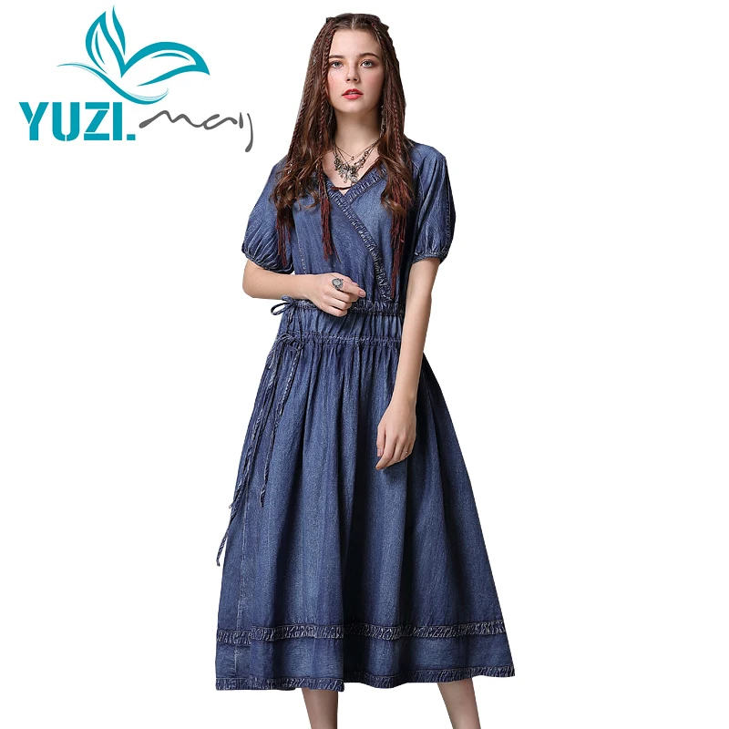 

Summer Dress 2018 Yuzi.may Boho New Denim Women Dresses V-Neck Adjustable Waist Lantern Sleeve Swing Hem Vestidos A82082