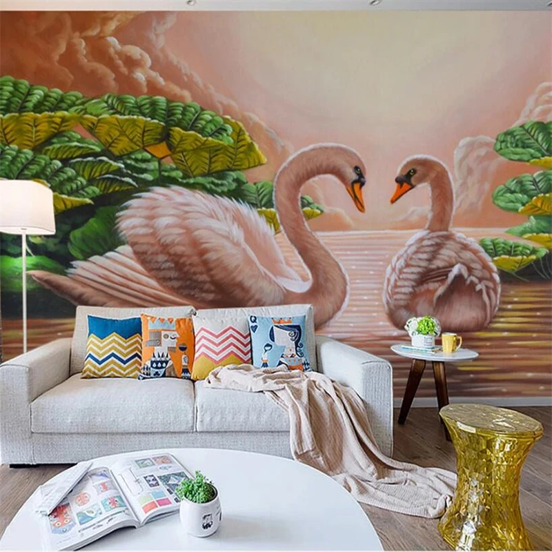 

wellyu papier peint Custom wallpaper 3d murals swan lotus leaf oil painting art background mural living room bedroom wallpaper