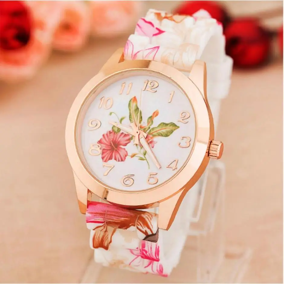2018 Топ бренд новые роскошные женские часы Reloj Роза цветочный принт силиконовый