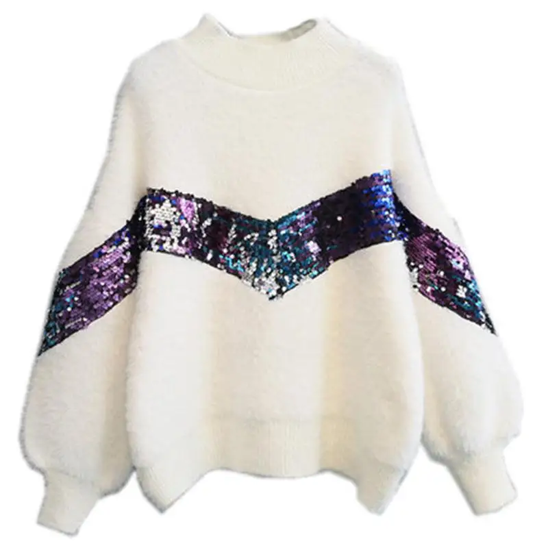 Women sweater Semi-high collar pullover sweater female winter New sequin design loose lantern sleeve bottoming shirt
Women sweater Semi-high collar pullover sweater female winter New sequin design loose lantern sleeve bottoming shirt