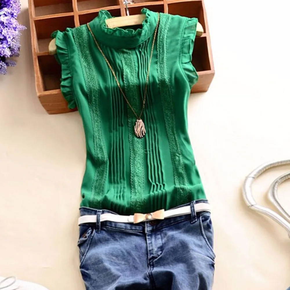 

Summer Ruffle Sleeve Neck Blouse Women Vogue Style Slim Fitted Shirts Casual Office Lady Work Green Blouses Tops