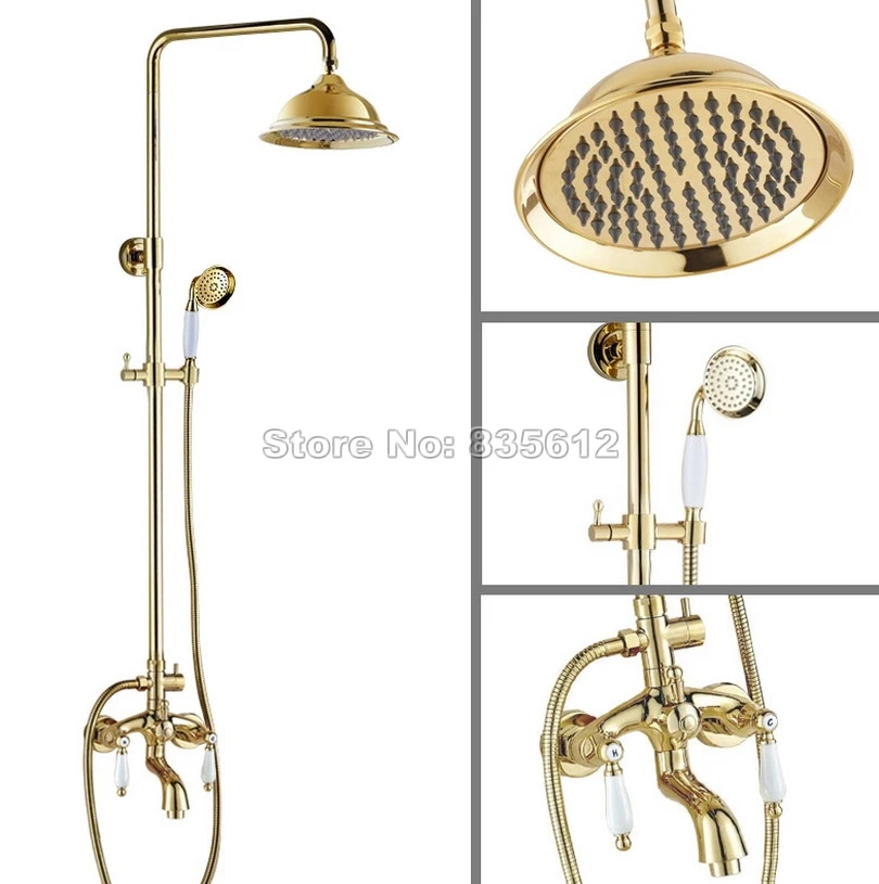 Ceramic Dual Handles Bathroom Rain Shower Faucet Set with Handheld Shower + Wall Mount Gold Color Brass Tub Mixer tap Wgf433
Ceramic Dual Handles Bathroom Rain Shower Faucet Set with Handheld Shower + Wall Mount Gold Color Brass Tub Mixer tap Wgf433