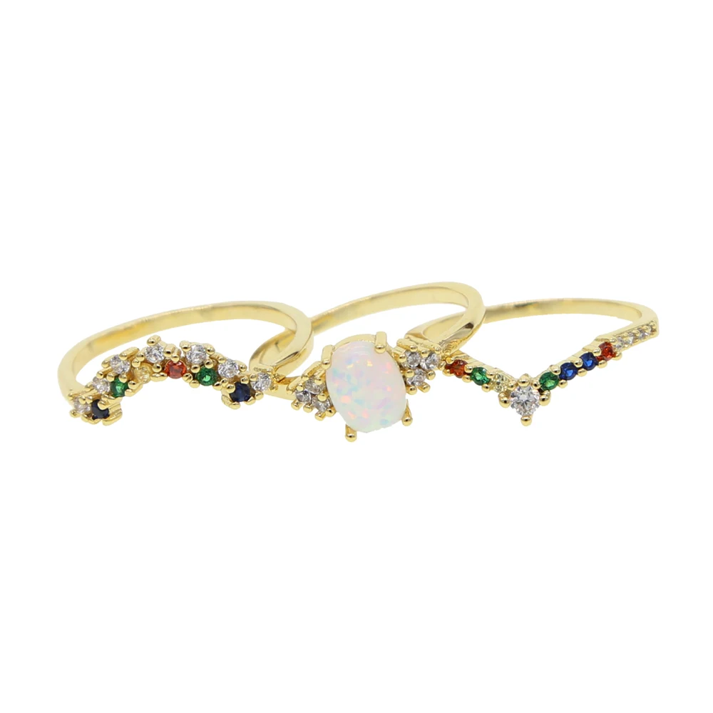 copper gold color thin 3pcs set ring line micro pave cz eternity rainbow women engagement egg shape white fire opal | Украшения и