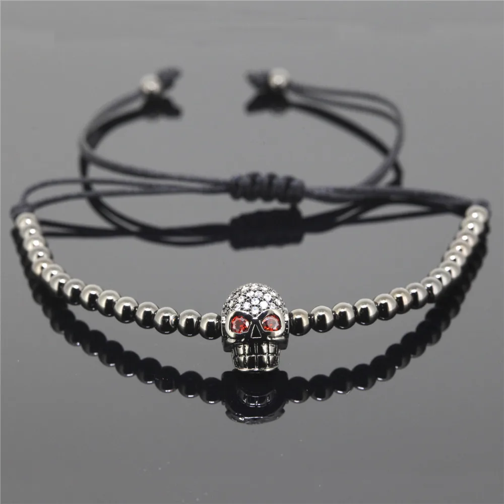 2017 New Desigh Men Bracelets Gold Color Round Copper Beads with Micro Zircon Pave Skull Bracelet Macrame Gift | Украшения и