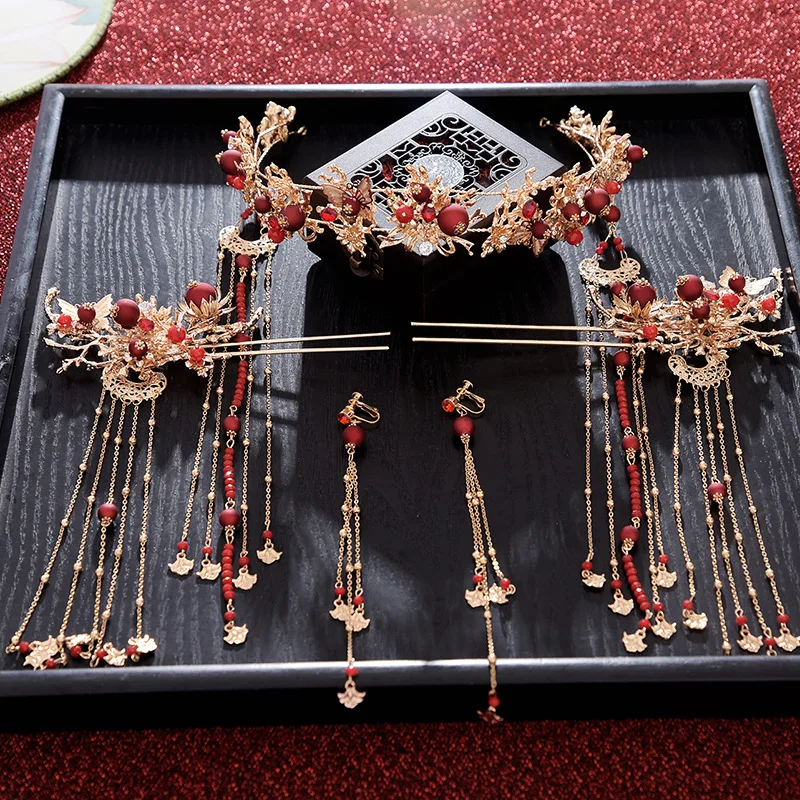 New Chinese red coronet style tiara hair sticks sets Bridal headpiece Wedding hair jewelry
New Chinese red coronet style tiara hair sticks sets Bridal headpiece Wedding hair jewelry