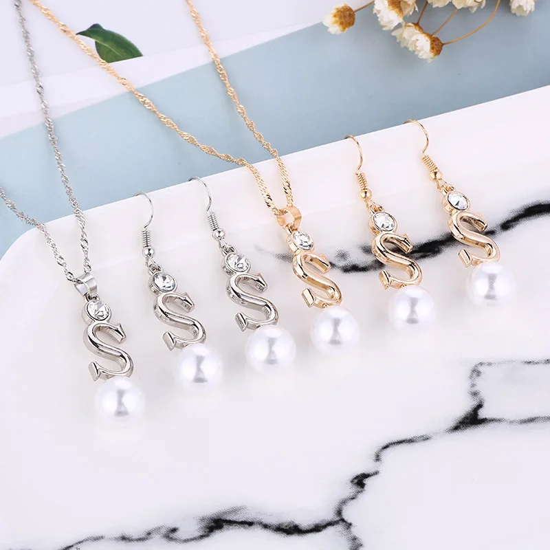 RNAFASHION Initial S Letter Alphabet Simulated Pearl Necklaces Earring Pendants Fashion Women Jewelry Sets Yellow Gold Filled | Украшения и