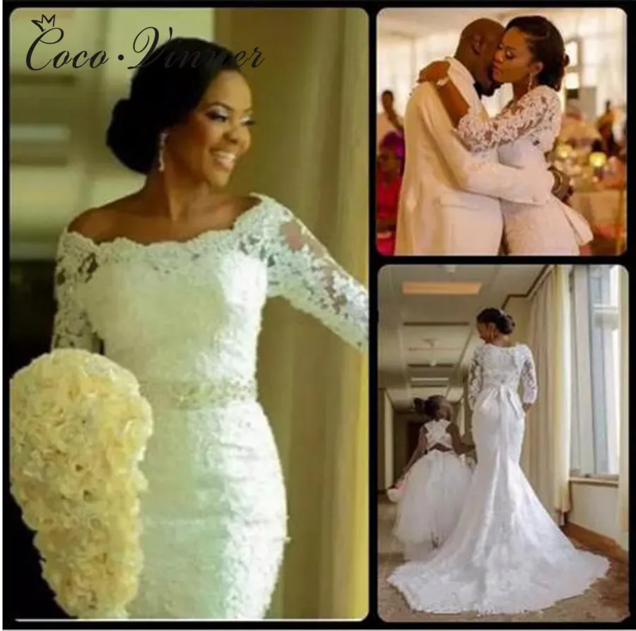 African Mermaid Wedding Dress Boat Neck 3/4 Sleeve Pure white New Lace Embroidery Bead Sashes Bridal Wedding Dresses W0362
African Mermaid Wedding Dress Boat Neck 3/4 Sleeve Pure white New Lace Embroidery Bead Sashes Bridal Wedding Dresses W0362