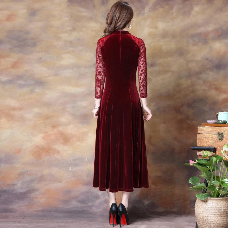 2019 Women Spring Autumn Lace Stitching Dress O-Neck Long Maxi Velvet A-Line Dresses Elegant Ladies Party Dress Vestidos D239
2019 Women Spring Autumn Lace Stitching Dress O-Neck Long Maxi Velvet A-Line Dresses Elegant Ladies Party Dress Vestidos D239