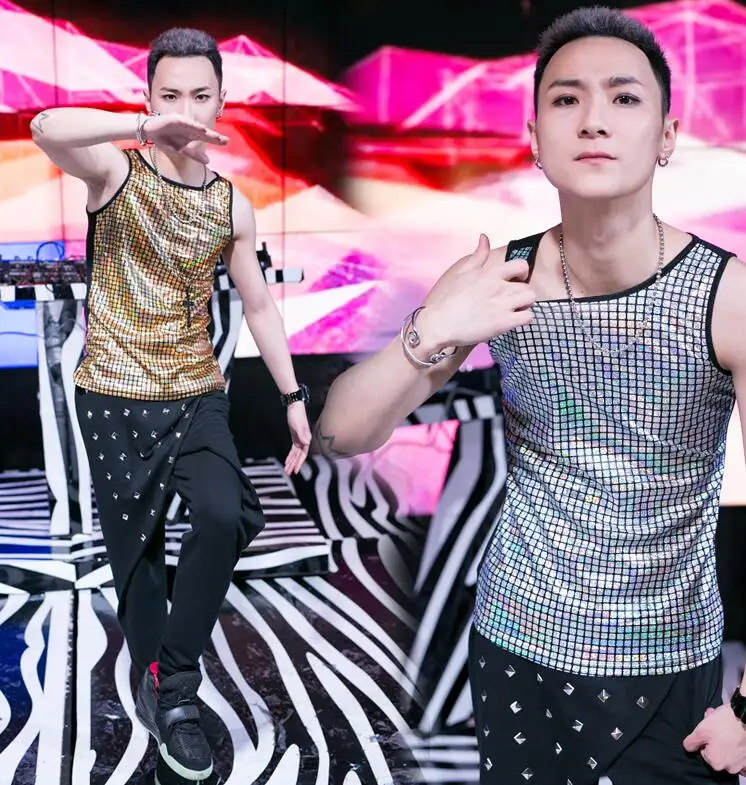 Personality slim Hip hop jazz male sleeveless vest men Sequin clothing punk rock street singer dance stage fashion gold silver
Personality slim Hip hop jazz male sleeveless vest men Sequin clothing punk rock street singer dance stage fashion gold silver