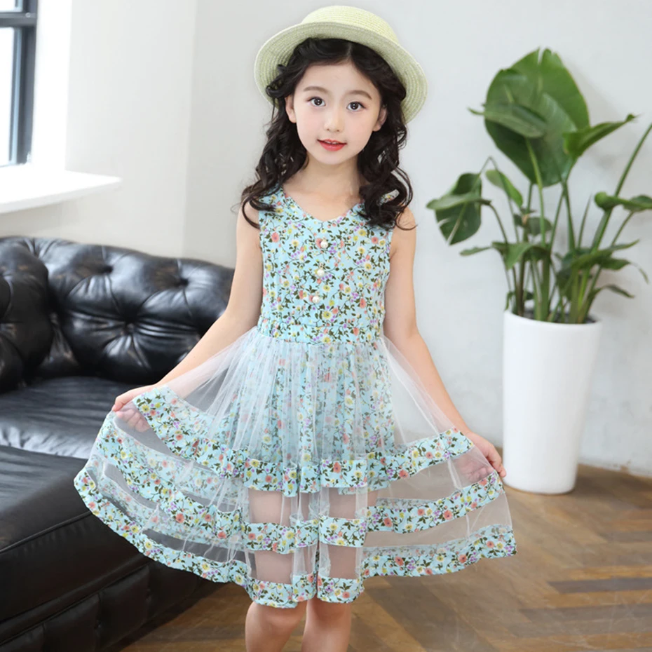 Летние платья для девочек Детское летнее платье с цветочным узором праздничное