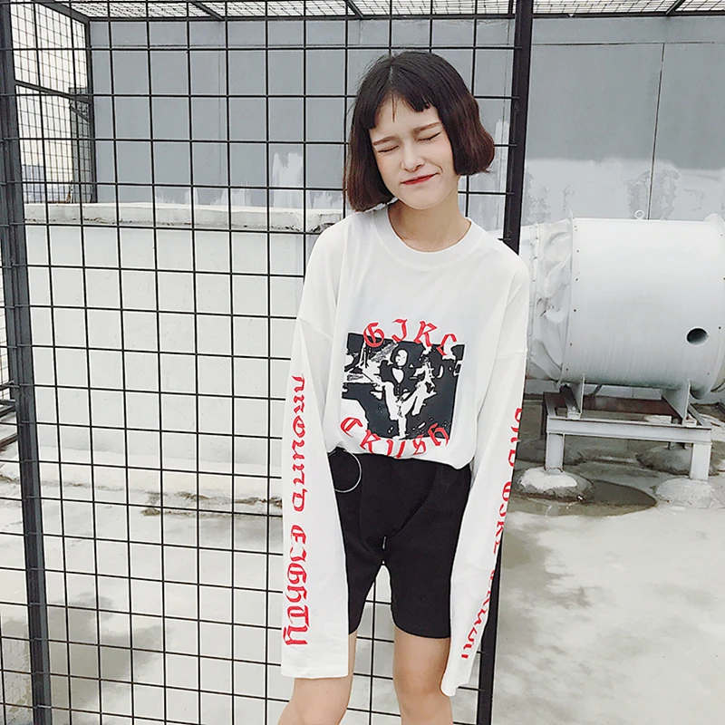 Jielur Harajuku BF Autumn New Women's T-shirts Loose Letter Print Full Sleeve Top Korean Pop Street Fashion Female T-shirt M-XXL | Женская