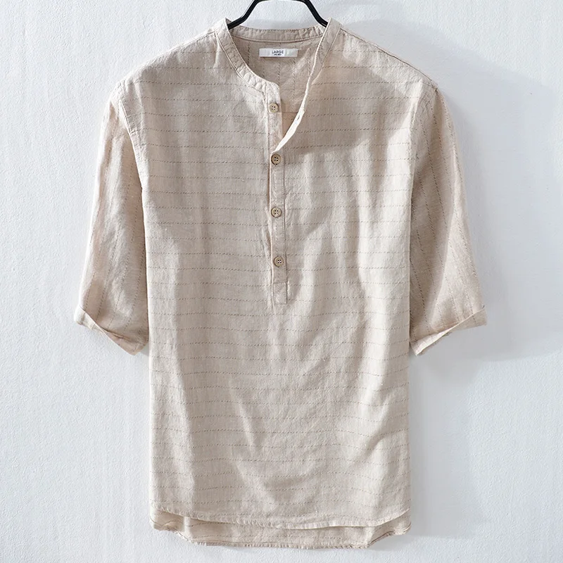 

Рубашка мужская из хлопка и льна с коротким рукавом, повседневная брендовая дышащая свободная сорочка в полоску, лето 2019