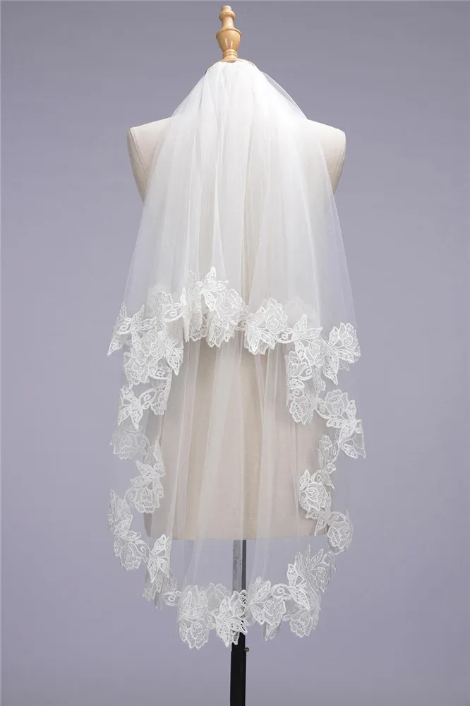 Two Layer Cheap Short Wedding Veil With Comb Lace Edge Bridal Voile Marriage Elbow Length Accessories 2019 HotSale | Свадьбы и