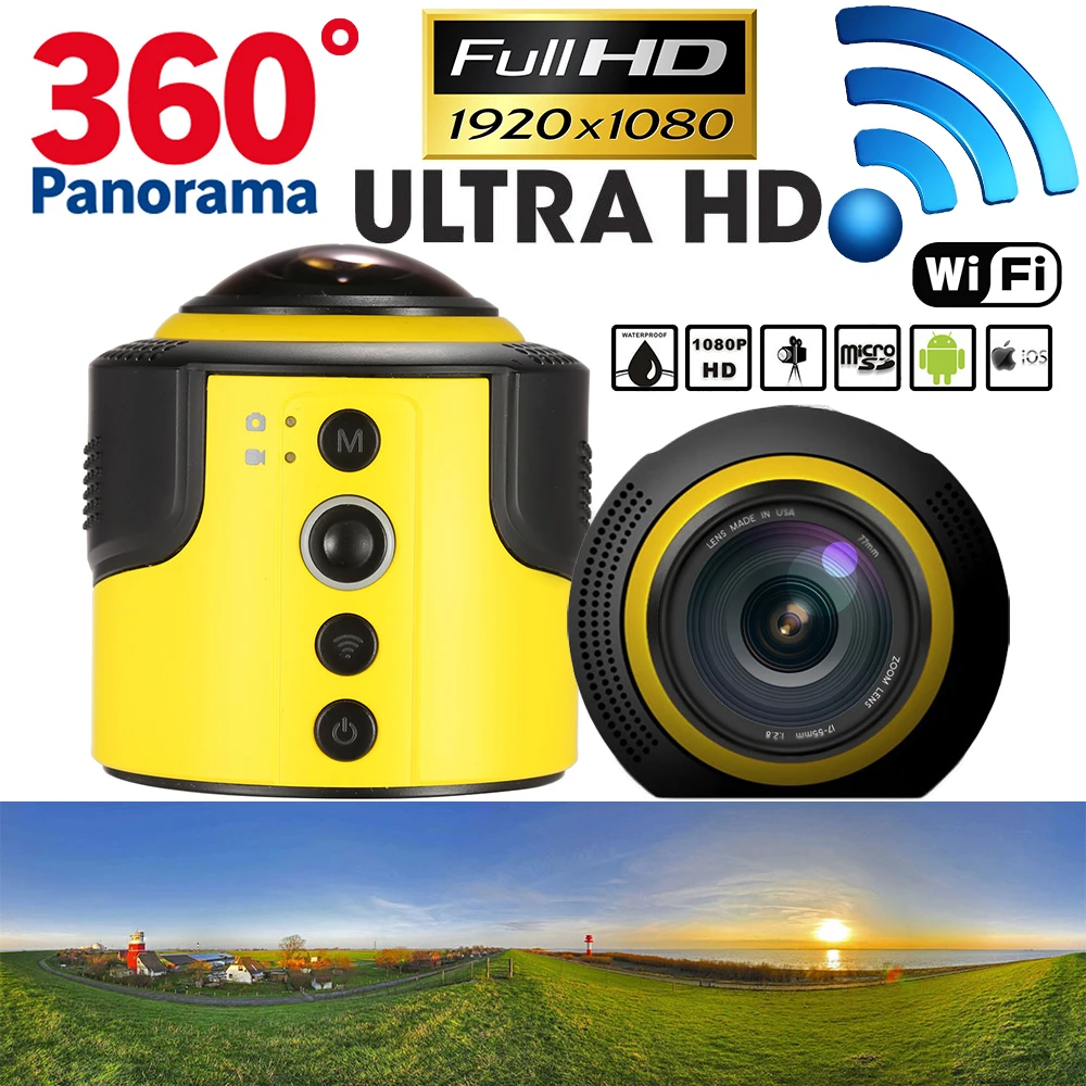 360 градусная камера Wifi P 30FPS панорамная 8MP 1080 Fisheye мини Спортивная DV для виртуальных