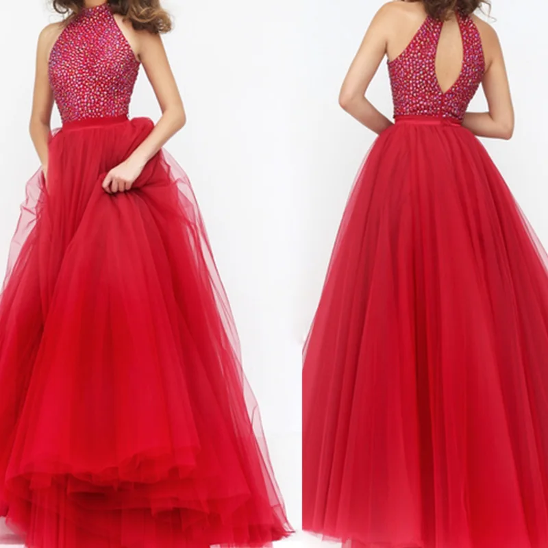 charming cheap sexy beaded red A line high halter neckline tulle thin straps formal evening dress gown with back | Свадьбы и