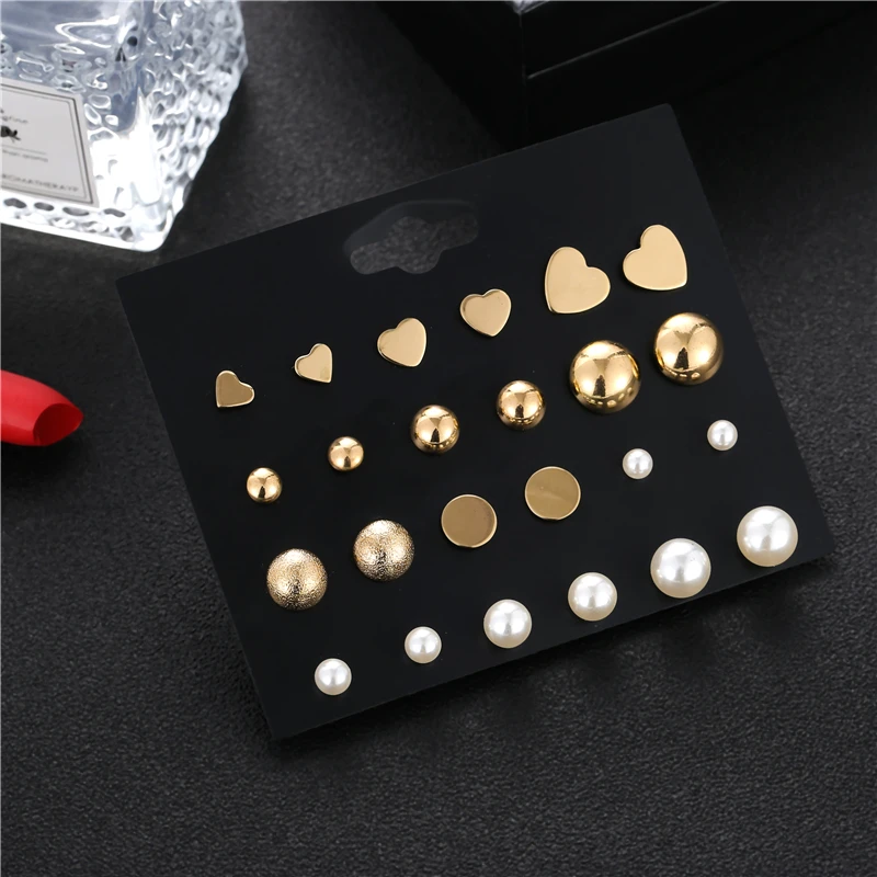 12 Pairs/Sets Gold Color Pearl Beads Crystal Stud Earrings Set Trendy Ball Heart Small Stud Earring Set Women Christmas Earring
12 Pairs/Sets Gold Color Pearl Beads Crystal Stud Earrings Set Trendy Ball Heart Small Stud Earring Set Women Christmas Earring