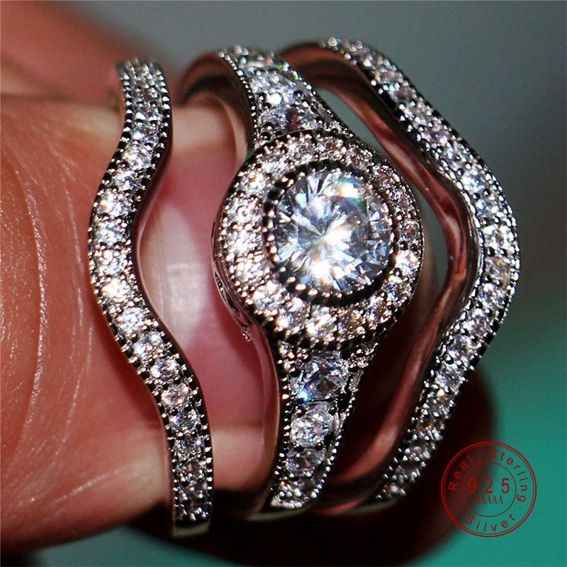 2019 New 3 pcs / Set Luxury Female White Round AAA Zircon Ring Fashion Silver Promise Engagement Rings For Women Jewelry | Украшения и