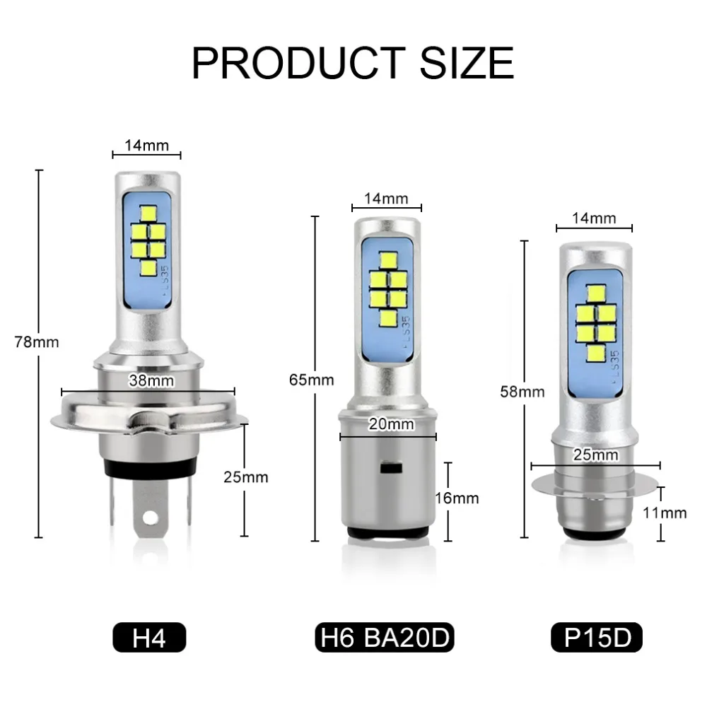 H4 H6 P15D BA20D Светодиодная лампа для мотоцикла с фарами и противотуманными фарами Canbus, 12 SMD, 1200LM, Hi Lo, аксессуары для скутера, Moto DRL включены.