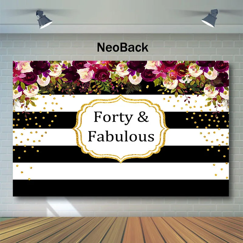 Фотофон NeoBack Forty на день рождения в черно белую полоску с цветами и золотыми