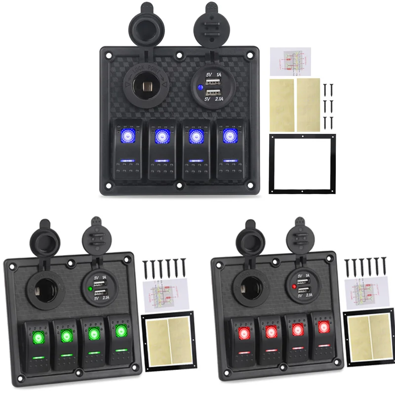 

12v 24v 4 Gang On-Off Toggle Switch Car Control Panel With Dual USB Charger For Car Marine Boat Switches 5Pin 12V 20A / 24V 10A