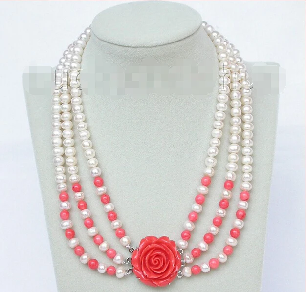 

Lovely Fine 18"-20" 8mm 3row round white freshwater pearls pink coral necklace inch Nobility Woman's jewelry Girl gift