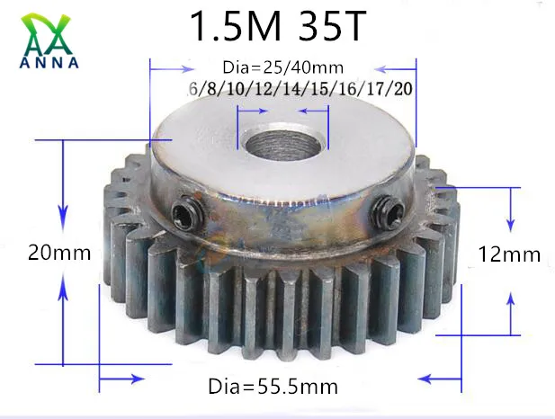 

by UPS 20pcs 1.5M 35T 1.5 mod gear rack 35teeth Spur Gear pinion bore 6mm spur gear precision 45 steel cnc pinion