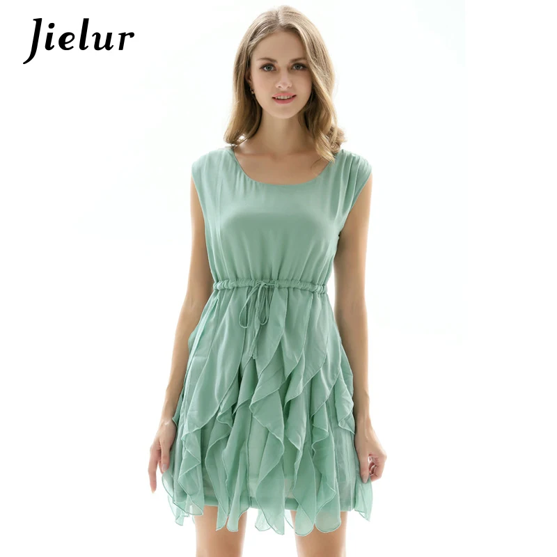 Jielur Summer Ruffles Chiffon Dress Women Slim Sashes Drawstring Lady Dresses Solid Color Sleeveless Fashion Vestidos S-XL
Jielur Summer Ruffles Chiffon Dress Women Slim Sashes Drawstring Lady Dresses Solid Color Sleeveless Fashion Vestidos S-XL