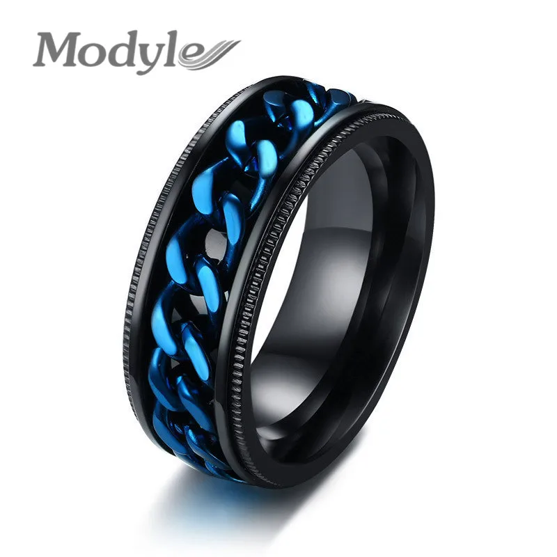 Фото Модное мужское кольцо Modyle 2020 аксессуары в стиле панк рок синее из нержавеющей