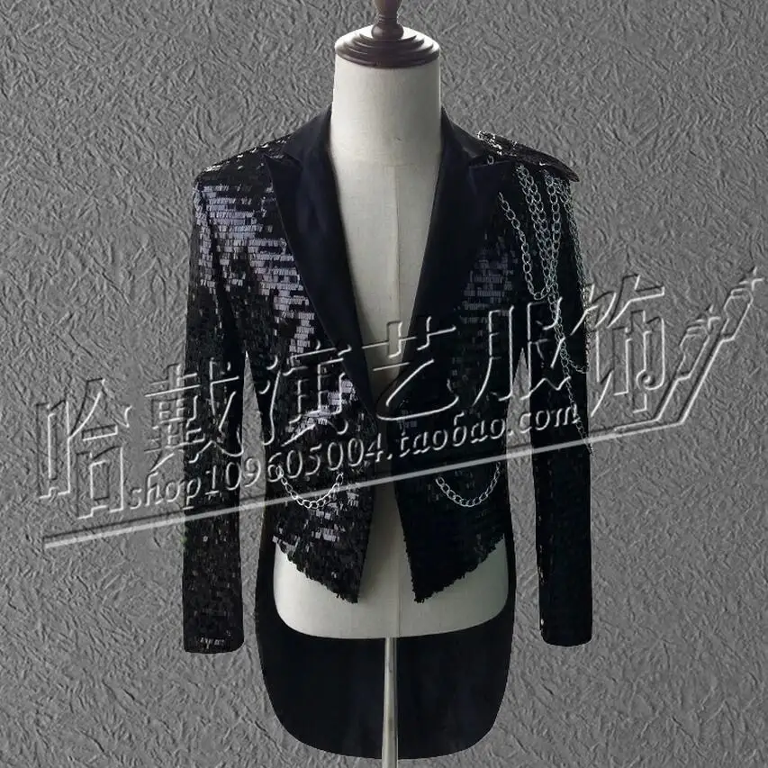 New Black Sequins Dovetail Men's Blazers Singer Stage Costumes Suit Chain Decoration Single Button Large Size Clothing /s-5xl
New Black Sequins Dovetail Men's Blazers Singer Stage Costumes Suit Chain Decoration Single Button Large Size Clothing /s-5xl