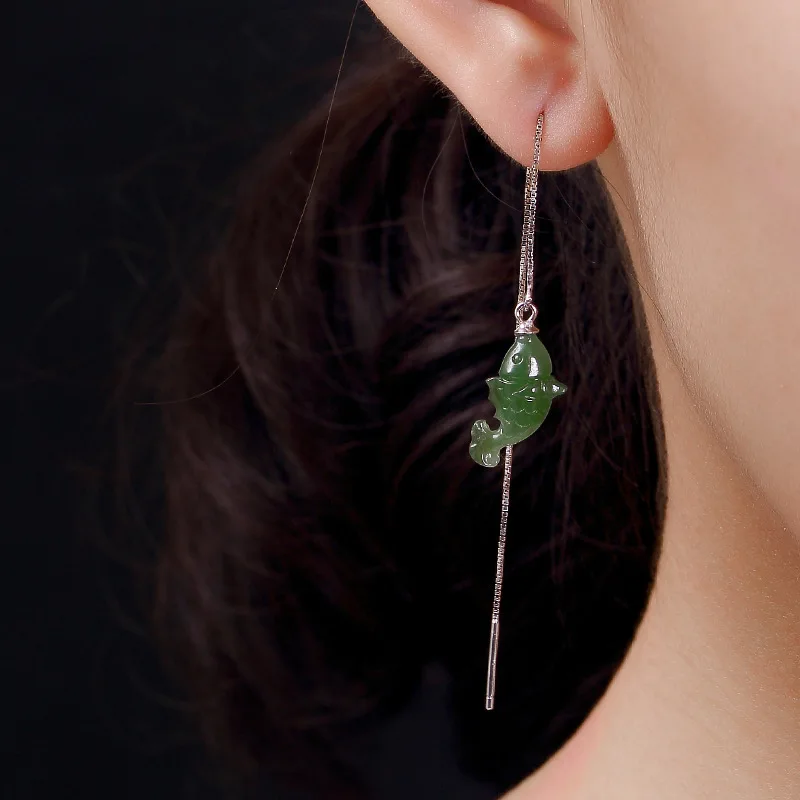 Pure 925 Sterling Silver Natural Jade Fishes Women Dangle Earrings Handmade Long Ear Line Jasper Crap Brincos Fashion Jewelry
Pure 925 Sterling Silver Natural Jade Fishes Women Dangle Earrings Handmade Long Ear Line Jasper Crap Brincos Fashion Jewelry
