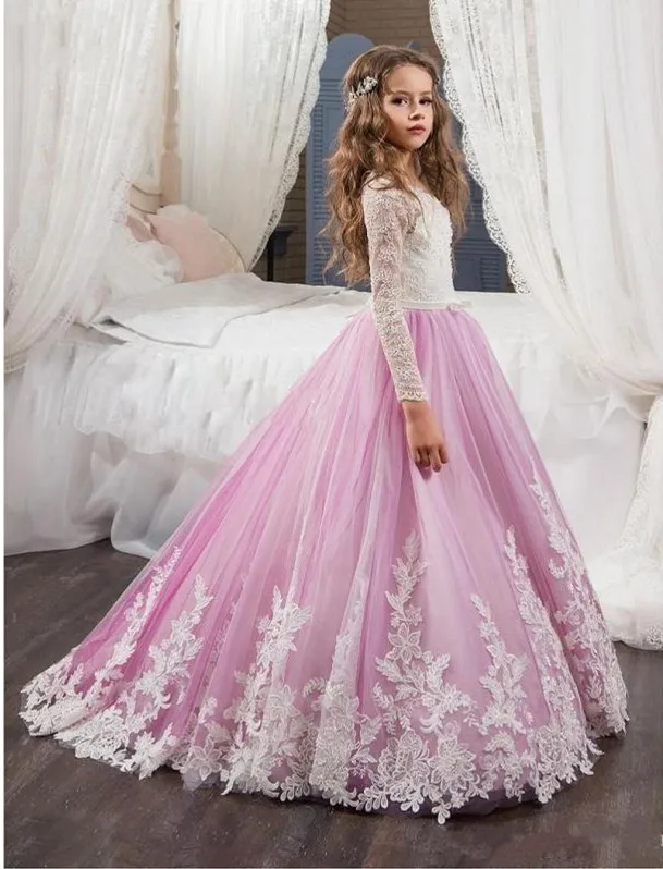 Lovely Lace Flower Girls Dresses For Weddings Pink Long Sleeves A Line Pageant for Kids Prom Gowns | Свадьбы и торжества