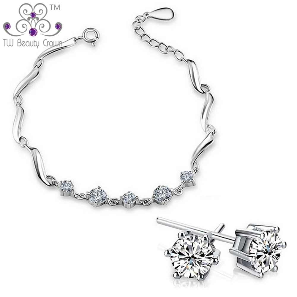 Top Quality Real 925 Pure Silver White Austrian Crystal Cubic Zirconia Round Stud Earrings Bracelet Fashion Party Jewelry Sets
Top Quality Real 925 Pure Silver White Austrian Crystal Cubic Zirconia Round Stud Earrings Bracelet Fashion Party Jewelry Sets
