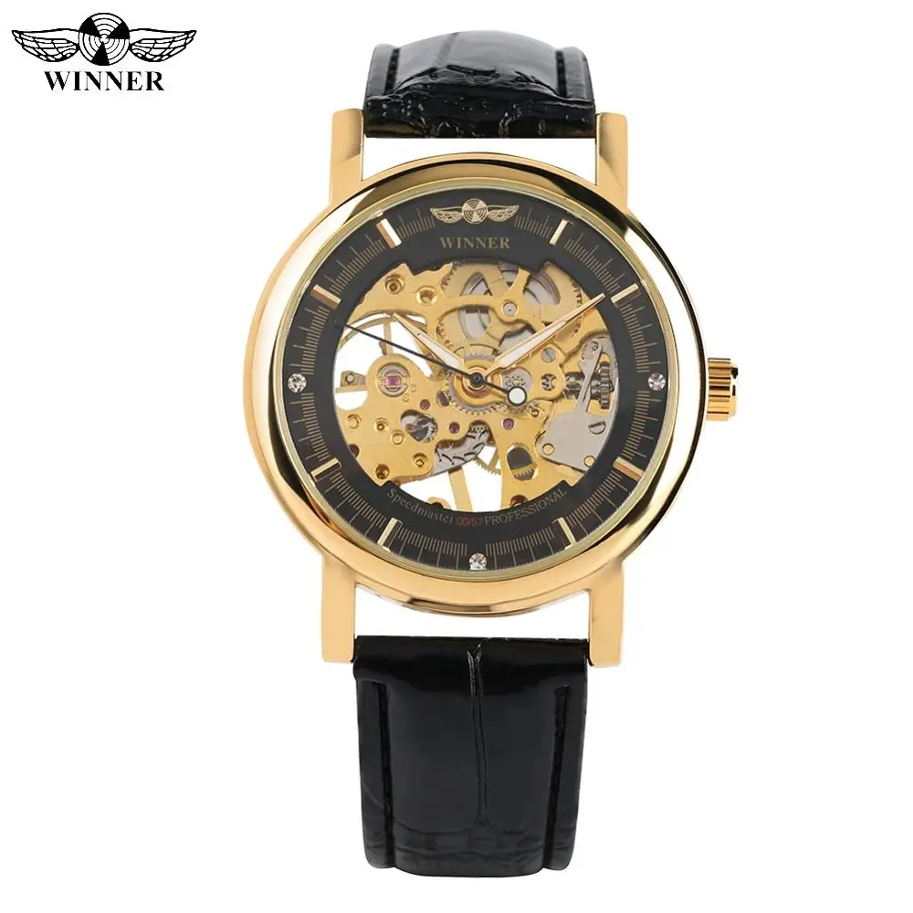 WINNER Fashion Mechanical Watch for Men Golden Skeleton Hand-winding Mechanical Watch for Women Black Leather Band Watches Gift
WINNER Fashion Mechanical Watch for Men Golden Skeleton Hand-winding Mechanical Watch for Women Black Leather Band Watches Gift