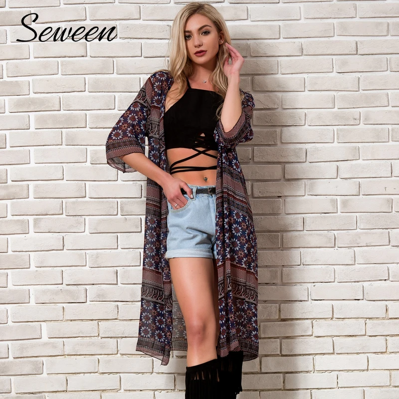 Пляжный отдых кардиган Для женщин 2018 новые летние поступления Boho Печать Длинные