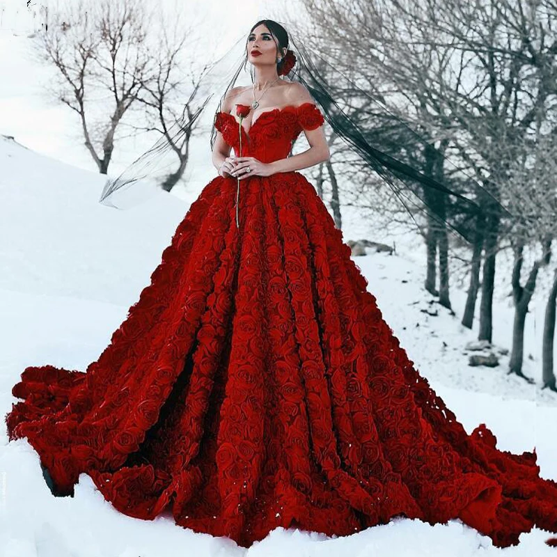 Gorgeous Dark Red 3D Flowers Pleated Ball Gown Wedding Dresses for Party Custom Made Bridal Gowns Unique Party Maxi Gowns
Gorgeous Dark Red 3D Flowers Pleated Ball Gown Wedding Dresses for Party Custom Made Bridal Gowns Unique Party Maxi Gowns