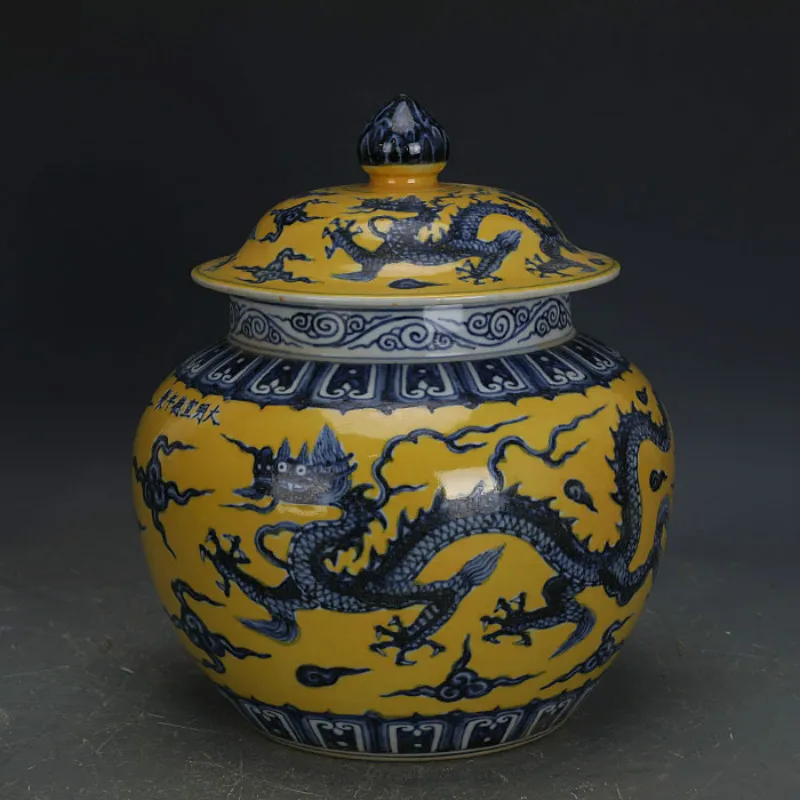Античная Ming ваза желтая глазурованная синяя и белая керамическая декоративная